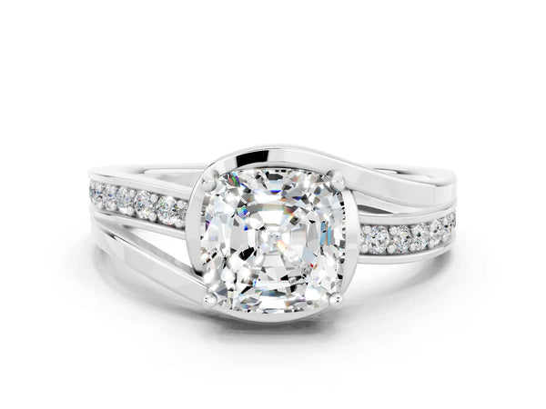 White gold Cushion Cut Moissanite Solitaire Ring with Split Shank and Prong Setting