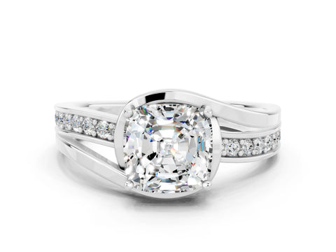 White gold Cushion Cut Moissanite Solitaire Ring with Split Shank and Prong Setting