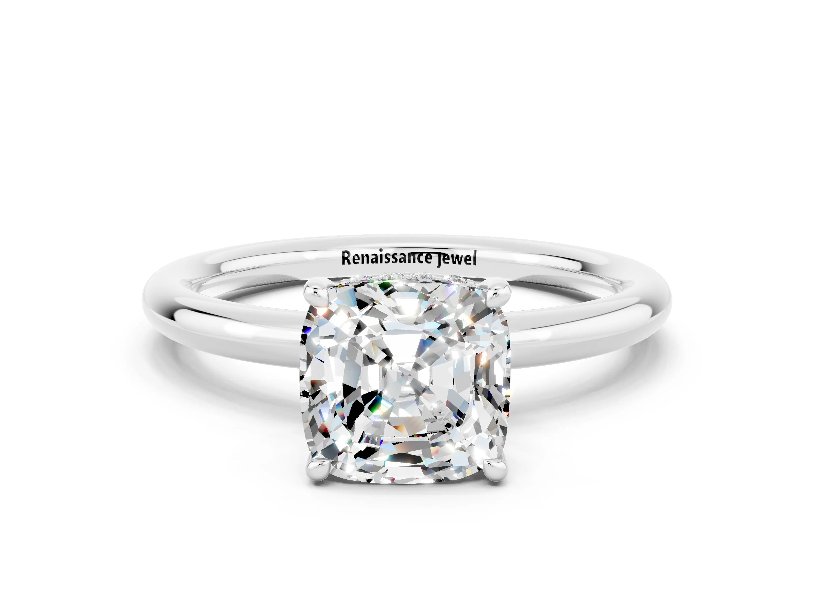 White gold Cushion Cut Moissanite Solitaire Ring with Thin Band and Four-Prong Setting