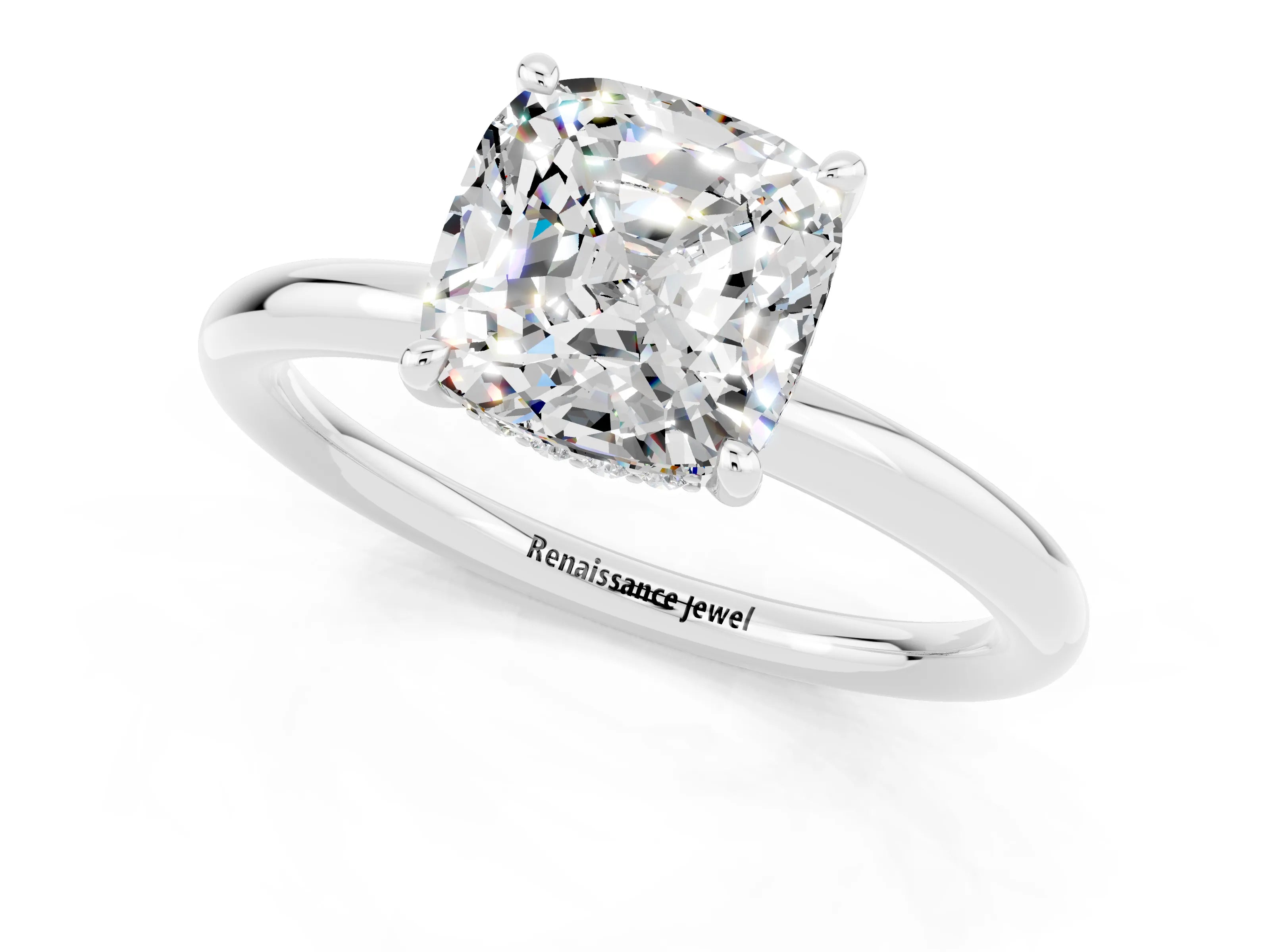 White gold Cushion Cut Moissanite Solitaire Ring with Thin Band and Four-Prong Setting_1