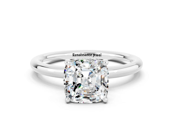 Silver Cushion Cut Moissanite Solitaire Ring with Thin Band and Four-Prong Setting