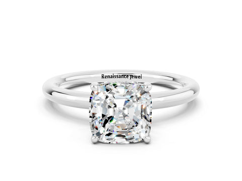 White gold Cushion Cut Moissanite Solitaire Ring with Thin Band and Four-Prong Setting