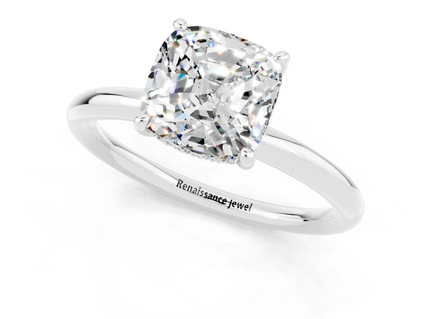 Silver Cushion Cut Moissanite Solitaire Ring with Thin Band and Four-Prong Setting