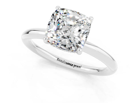 White gold Cushion Cut Moissanite Solitaire Ring with Thin Band and Four-Prong Setting_1