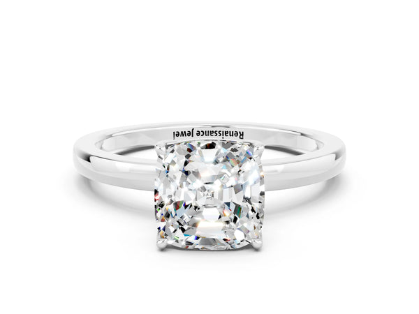Platinum Cushion Cut Moissanite Solitaire Ring with Thin Band and Prong Setting