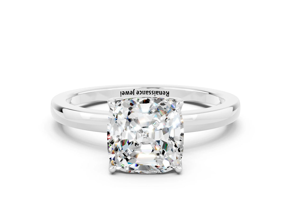 White gold Cushion Cut Moissanite Solitaire Ring with Thin Band and Prong Setting_12