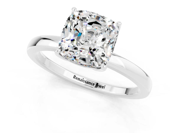 Platinum Cushion Cut Moissanite Solitaire Ring with Thin Band and Prong Setting