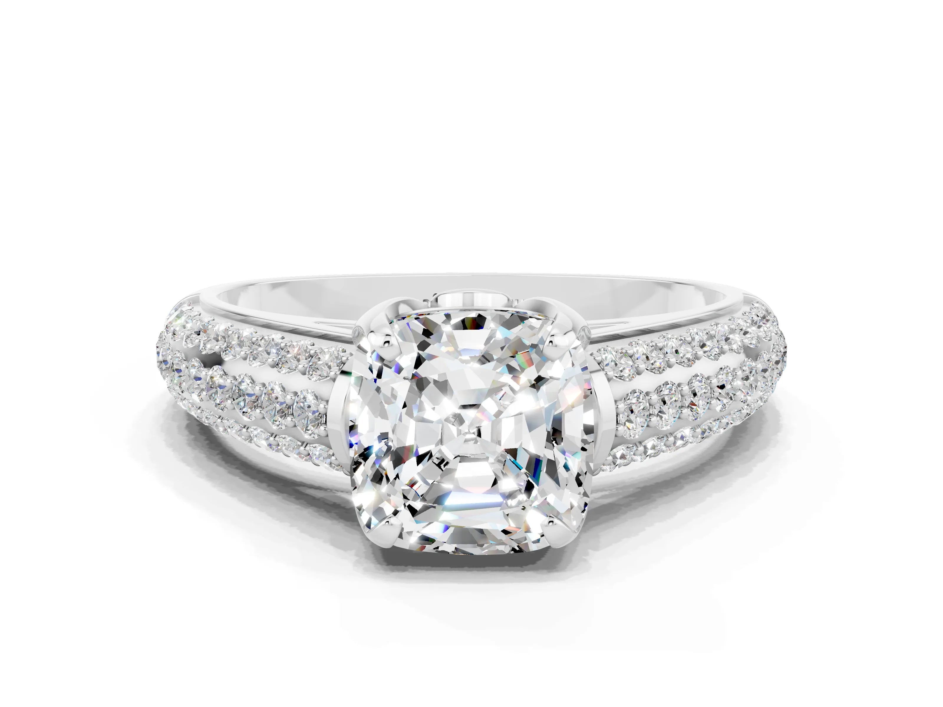 White gold Cushion Cut Moissanite Solitaire Ring with Three-Row Pavé Band and Four-Prong Setting_12