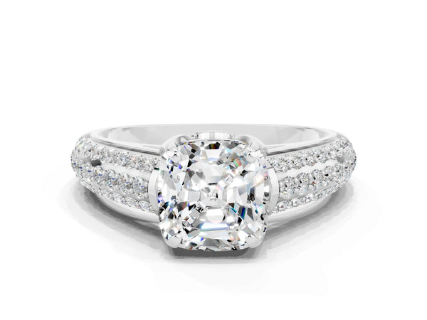 Silver Cushion Cut Moissanite Solitaire Ring with Three-Row Pavé Band and Four-Prong Setting