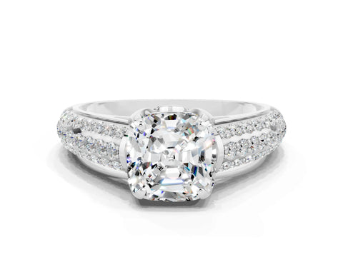 White gold Cushion Cut Moissanite Solitaire Ring with Three-Row Pavé Band and Four-Prong Setting_12