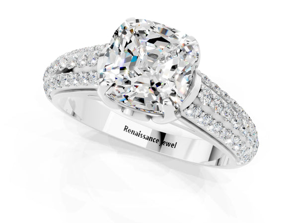 Platinum Cushion Cut Moissanite Solitaire Ring with Three-Row Pavé Band and Four-Prong Setting