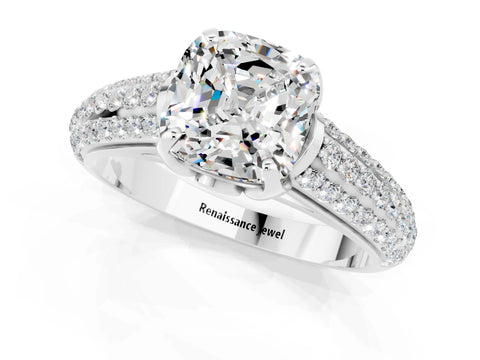 White gold Cushion Cut Moissanite Solitaire Ring with Three-Row Pavé Band and Four-Prong Setting_13