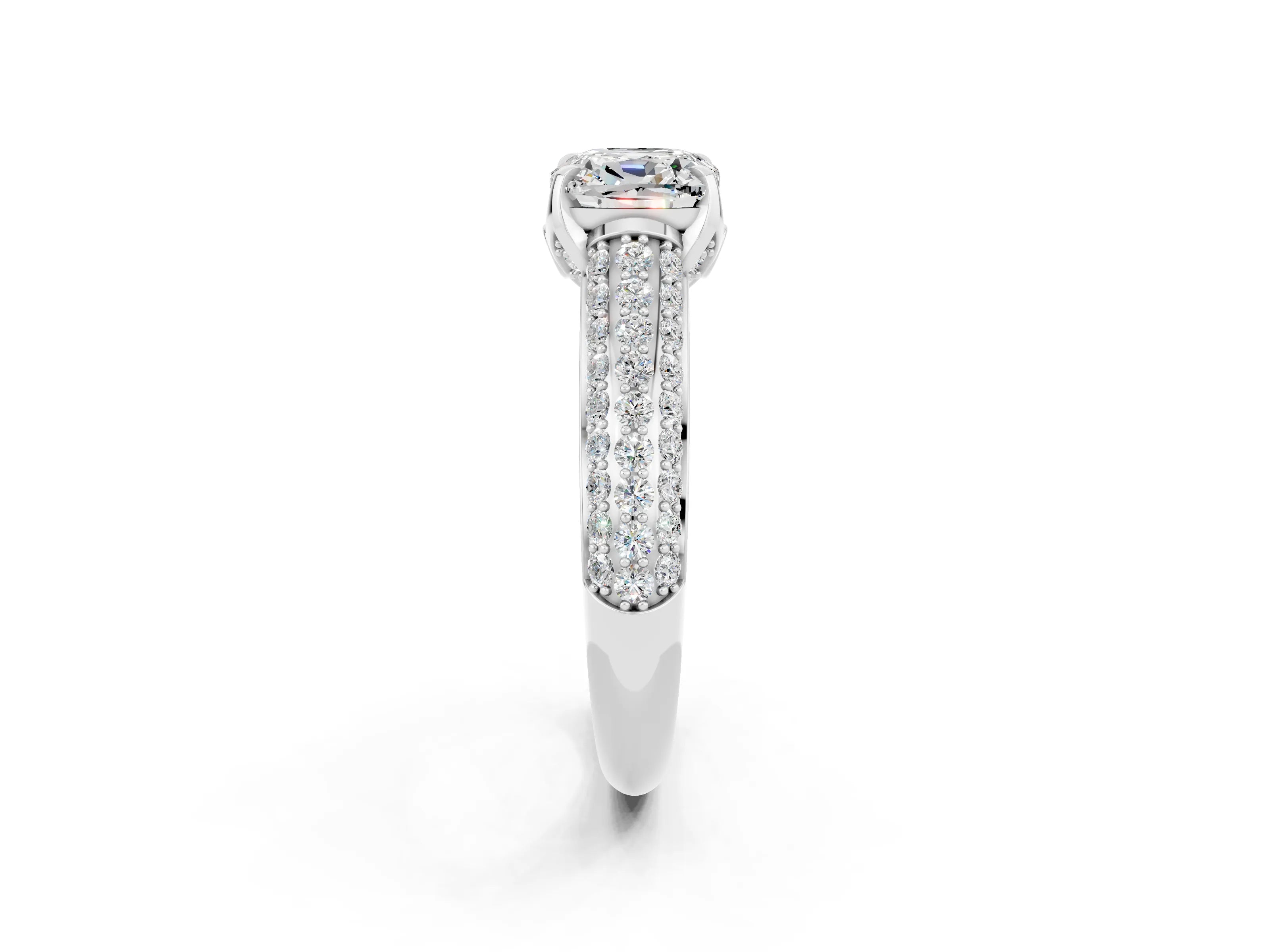 White gold Cushion Cut Moissanite Solitaire Ring with Three-Row Pavé Band and Four-Prong Setting_14