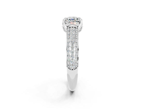 White gold Cushion Cut Moissanite Solitaire Ring with Three-Row Pavé Band and Four-Prong Setting