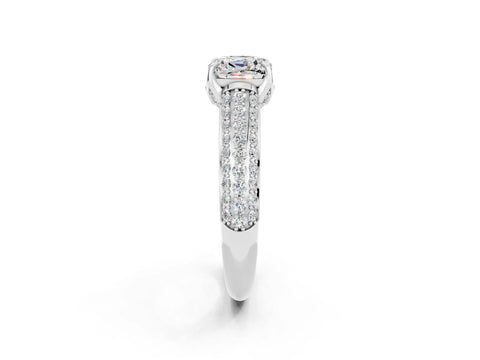 White gold Cushion Cut Moissanite Solitaire Ring with Three-Row Pavé Band and Four-Prong Setting_14