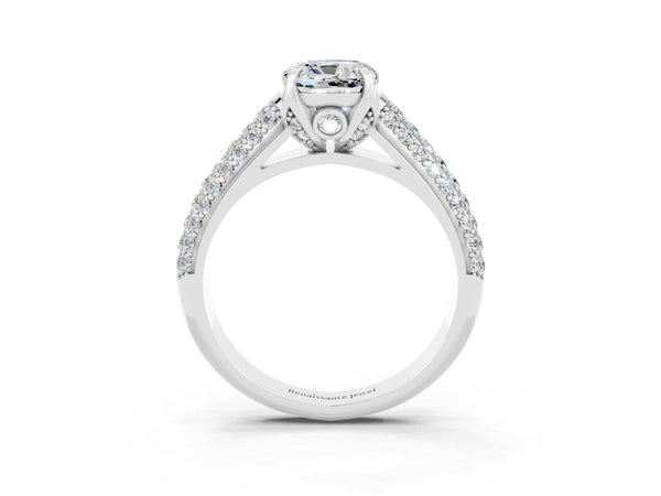 Platinum Cushion Cut Moissanite Solitaire Ring with Three-Row Pavé Band and Four-Prong Setting