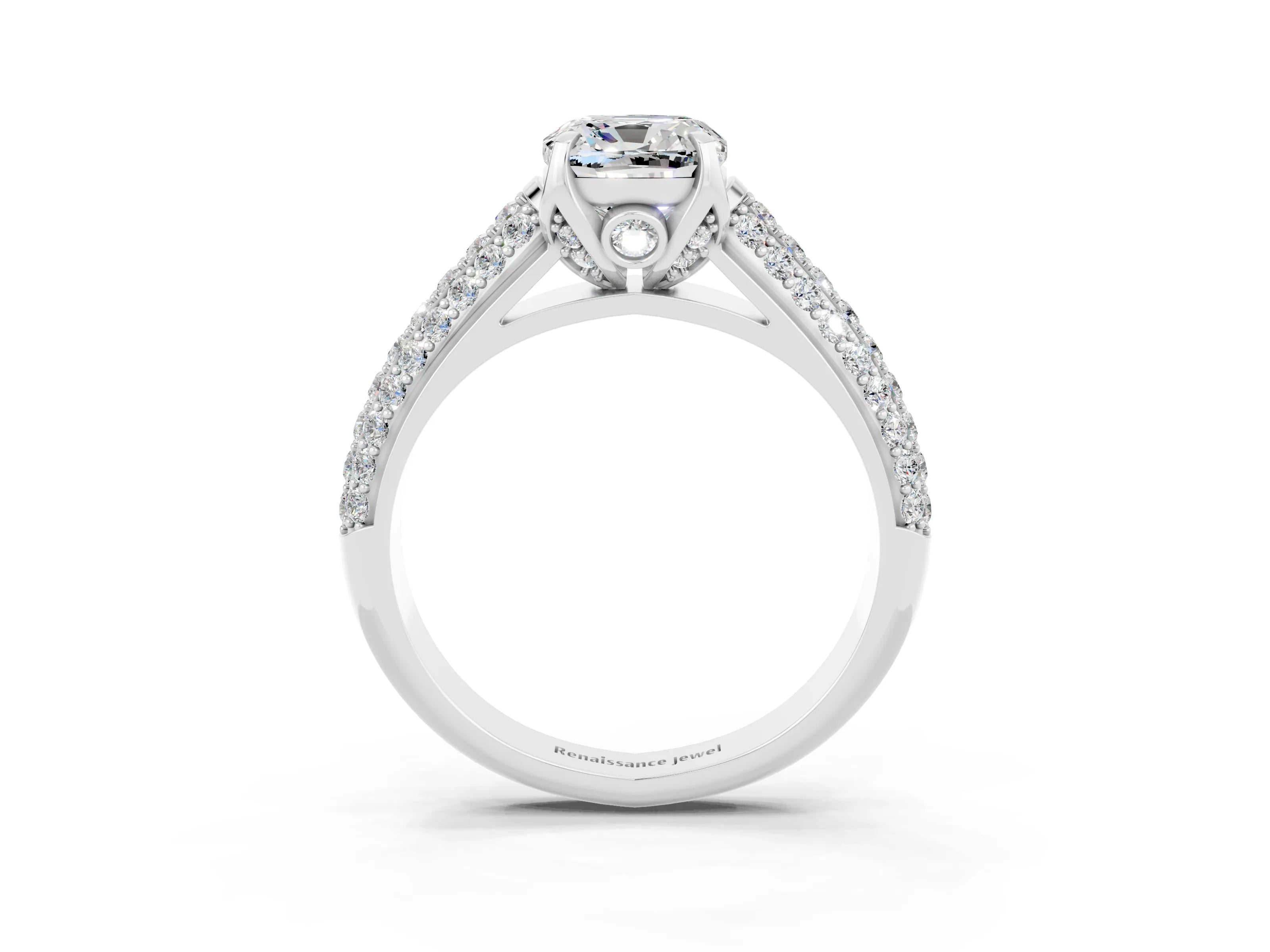 White gold Cushion Cut Moissanite Solitaire Ring with Three-Row Pavé Band and Four-Prong Setting_15
