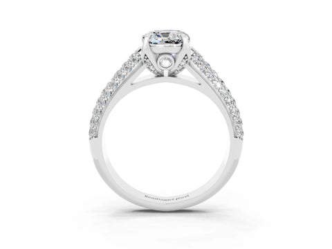 White gold Cushion Cut Moissanite Solitaire Ring with Three-Row Pavé Band and Four-Prong Setting_15