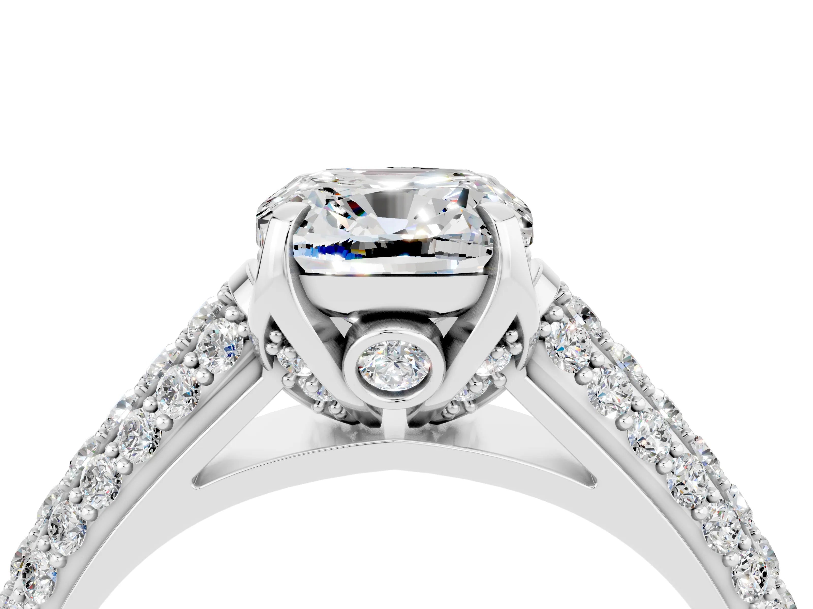 White gold Cushion Cut Moissanite Solitaire Ring with Three-Row Pavé Band and Four-Prong Setting_16