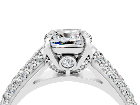 White gold Cushion Cut Moissanite Solitaire Ring with Three-Row Pavé Band and Four-Prong Setting_16