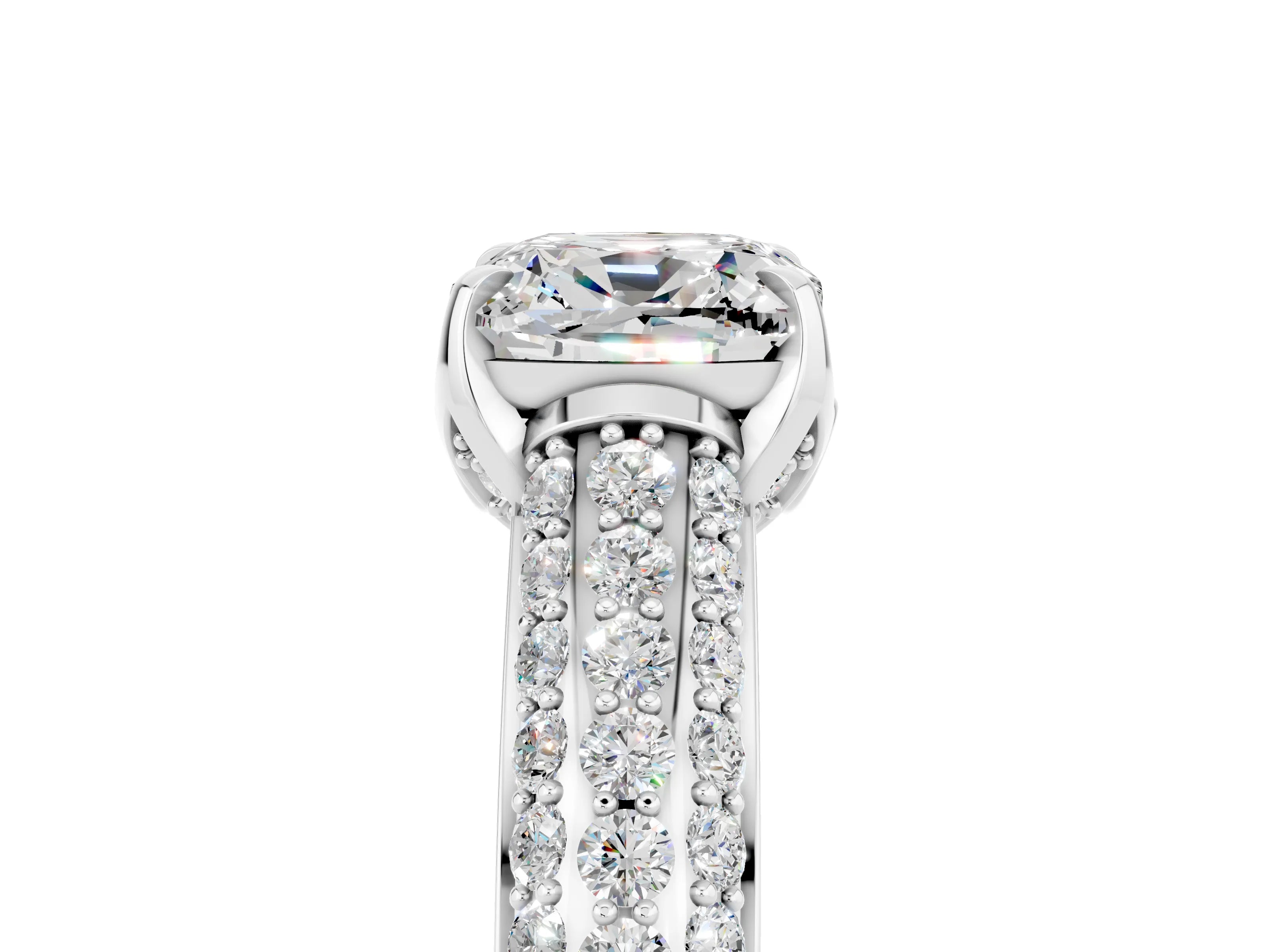 White gold Cushion Cut Moissanite Solitaire Ring with Three-Row Pavé Band and Four-Prong Setting_17
