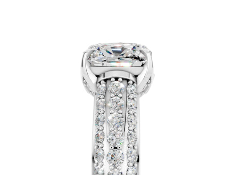 White gold Cushion Cut Moissanite Solitaire Ring with Three-Row Pavé Band and Four-Prong Setting_17