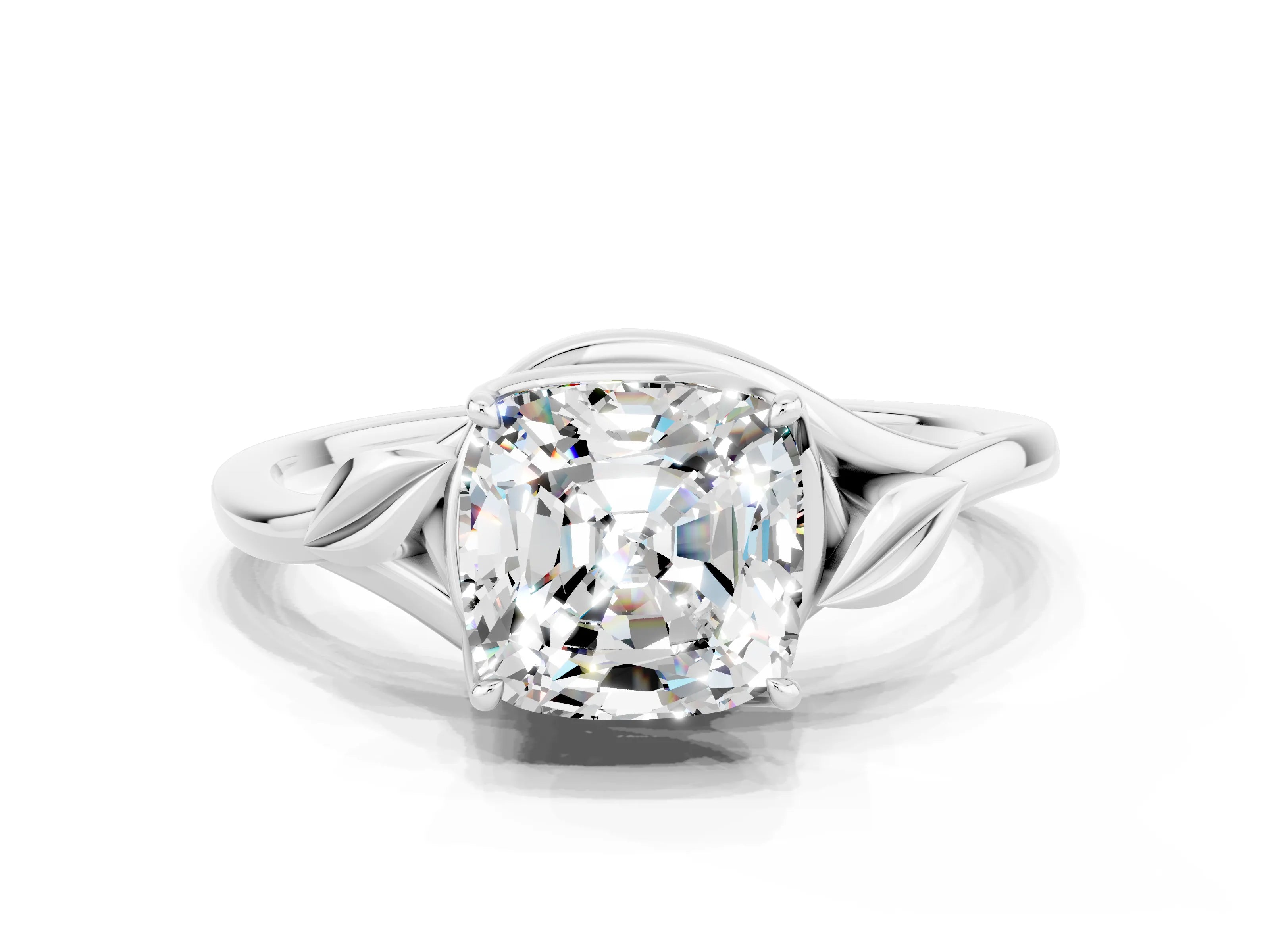 White gold Cushion Cut Moissanite Solitaire Ring with Twist Band and Four-Prong Setting_12