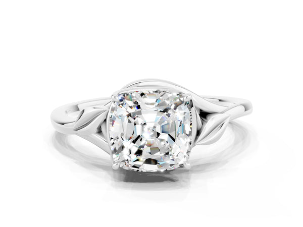 Platinum Cushion Cut Moissanite Solitaire Ring with Twist Band and Four-Prong Setting