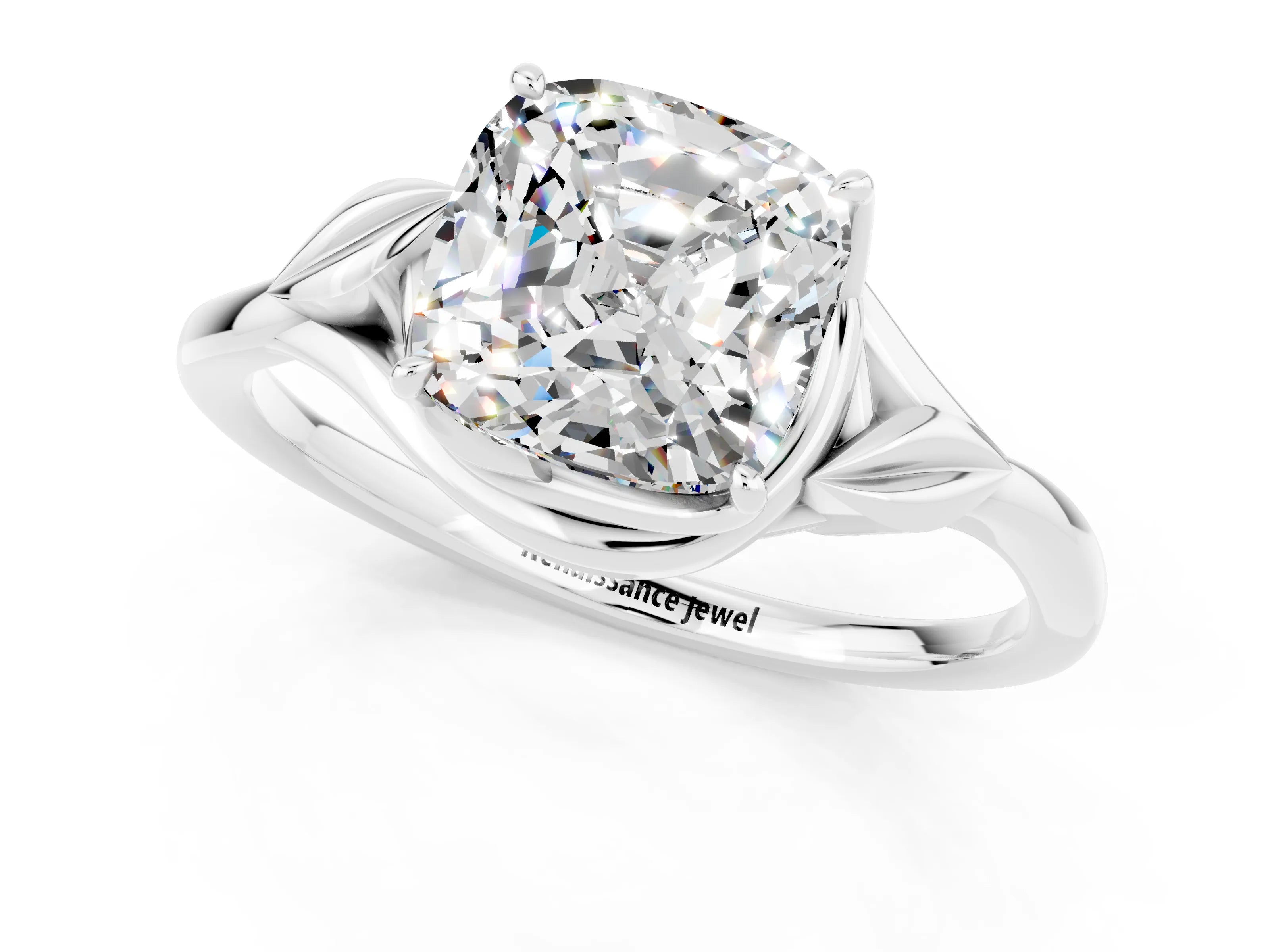 White gold Cushion Cut Moissanite Solitaire Ring with Twist Band and Four-Prong Setting_13