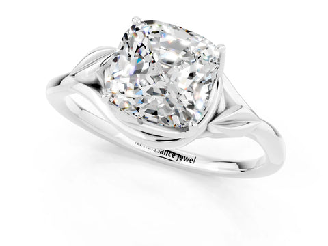 White gold Cushion Cut Moissanite Solitaire Ring with Twist Band and Four-Prong Setting_13