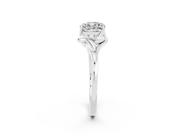 Platinum Cushion Cut Moissanite Solitaire Ring with Twist Band and Four-Prong Setting