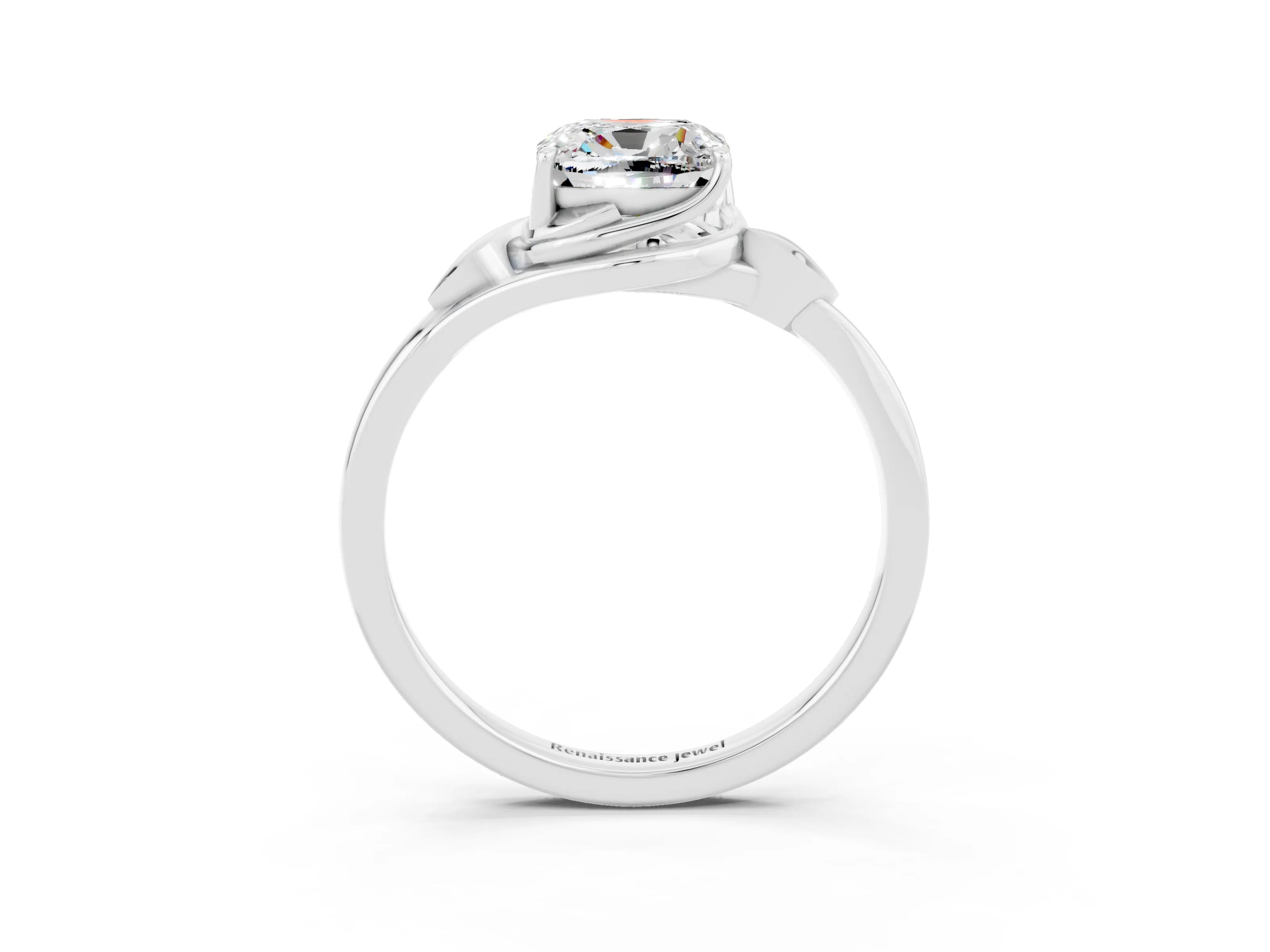 White gold Cushion Cut Moissanite Solitaire Ring with Twist Band and Four-Prong Setting_15