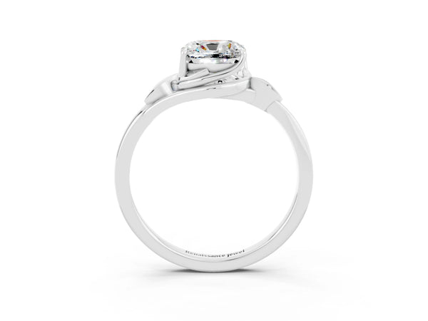 Platinum Cushion Cut Moissanite Solitaire Ring with Twist Band and Four-Prong Setting