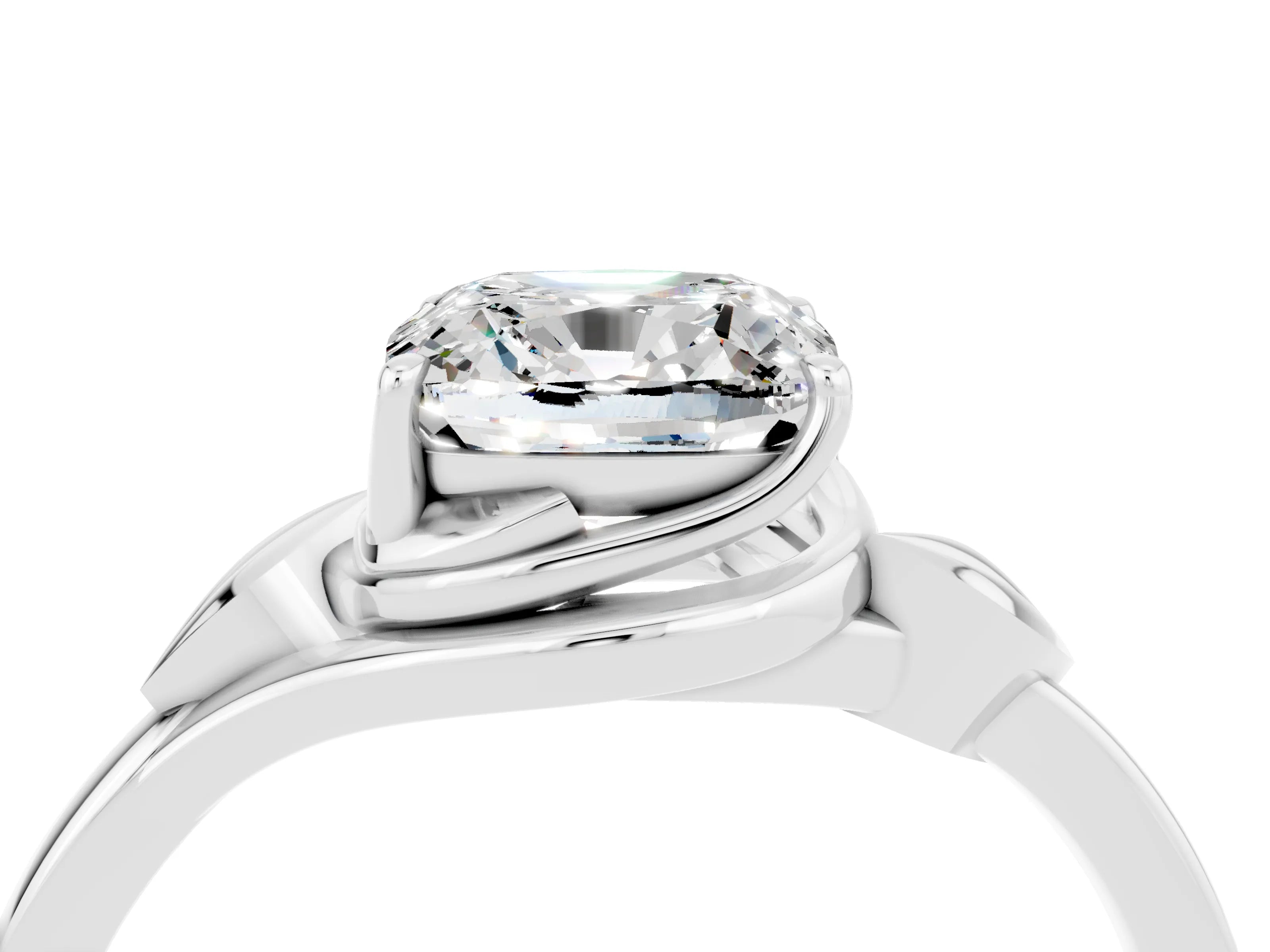 White gold Cushion Cut Moissanite Solitaire Ring with Twist Band and Four-Prong Setting_16