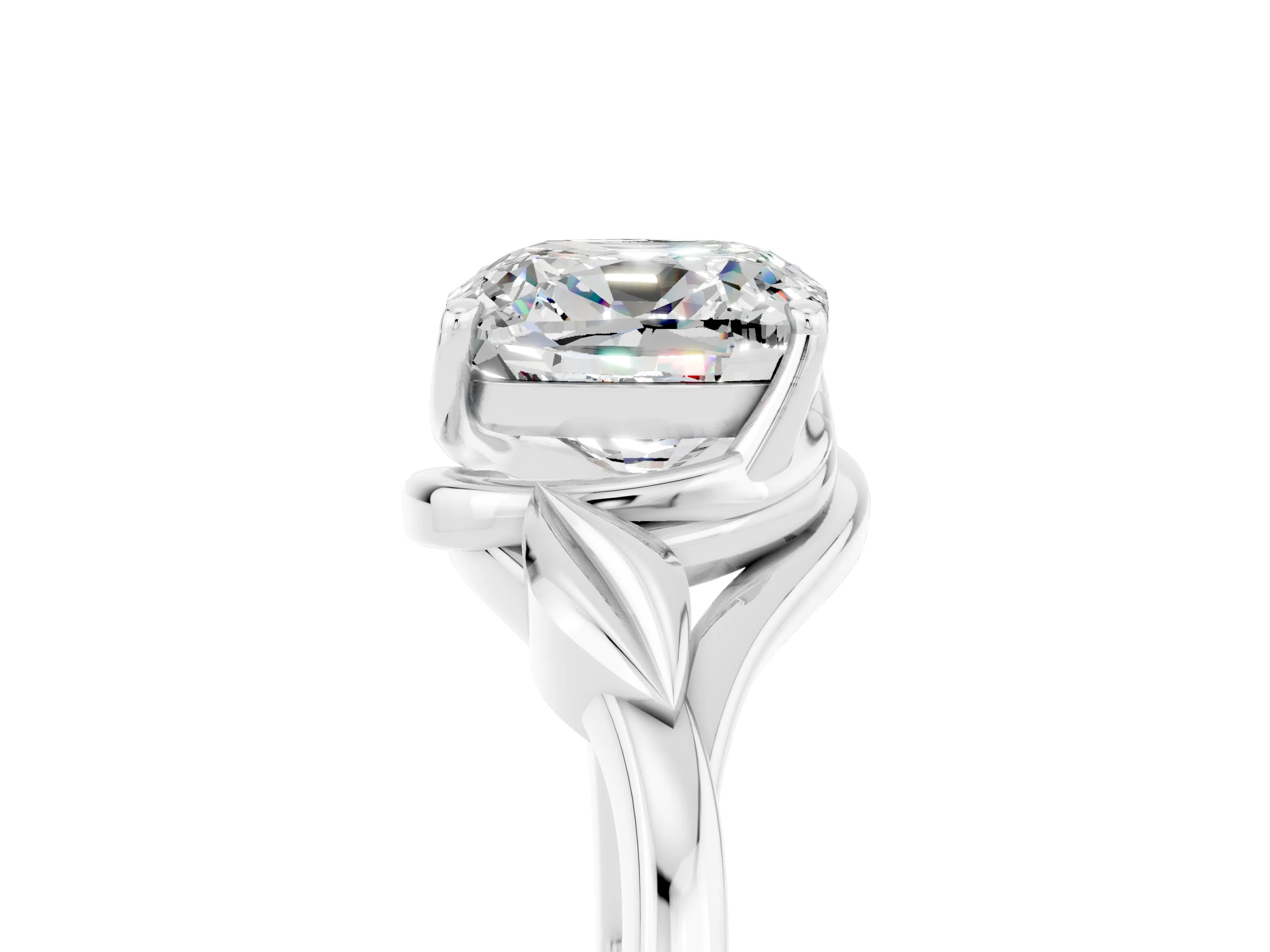 White gold Cushion Cut Moissanite Solitaire Ring with Twist Band and Four-Prong Setting_41