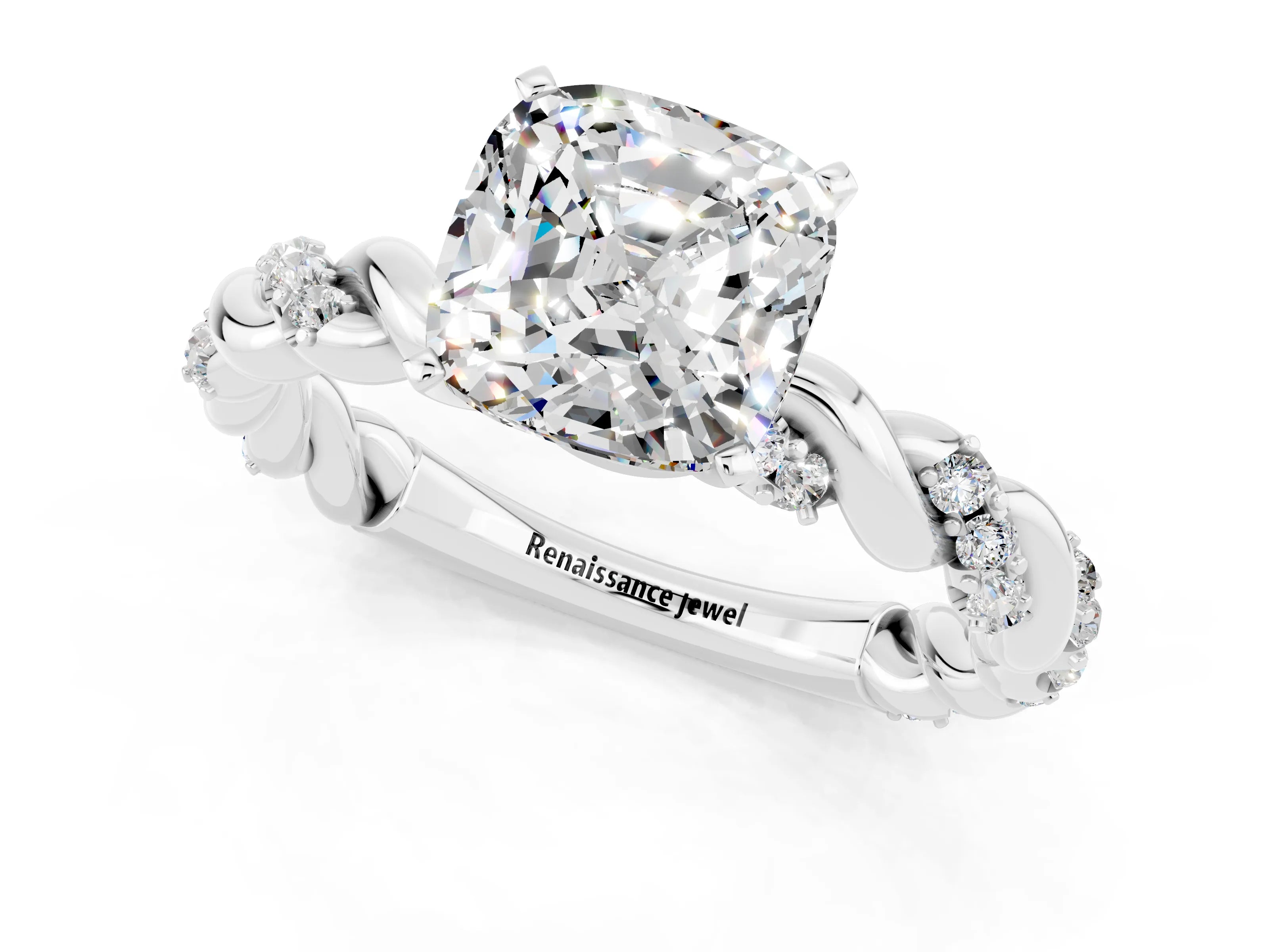 White gold Cushion Cut Moissanite Solitaire Ring with Twisted Band and Pavé Accents_1