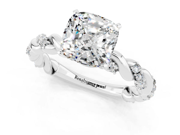 White gold Cushion Cut Moissanite Solitaire Ring with Twisted Band and Pavé Accents