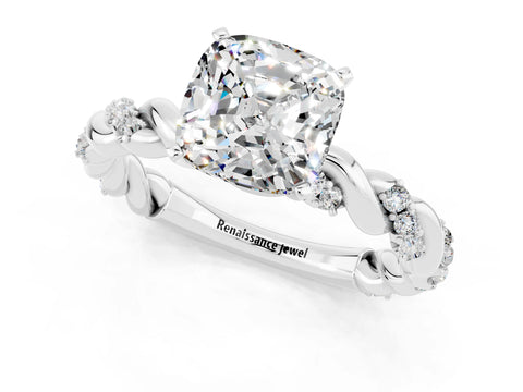 White gold Cushion Cut Moissanite Solitaire Ring with Twisted Band and Pavé Accents_1