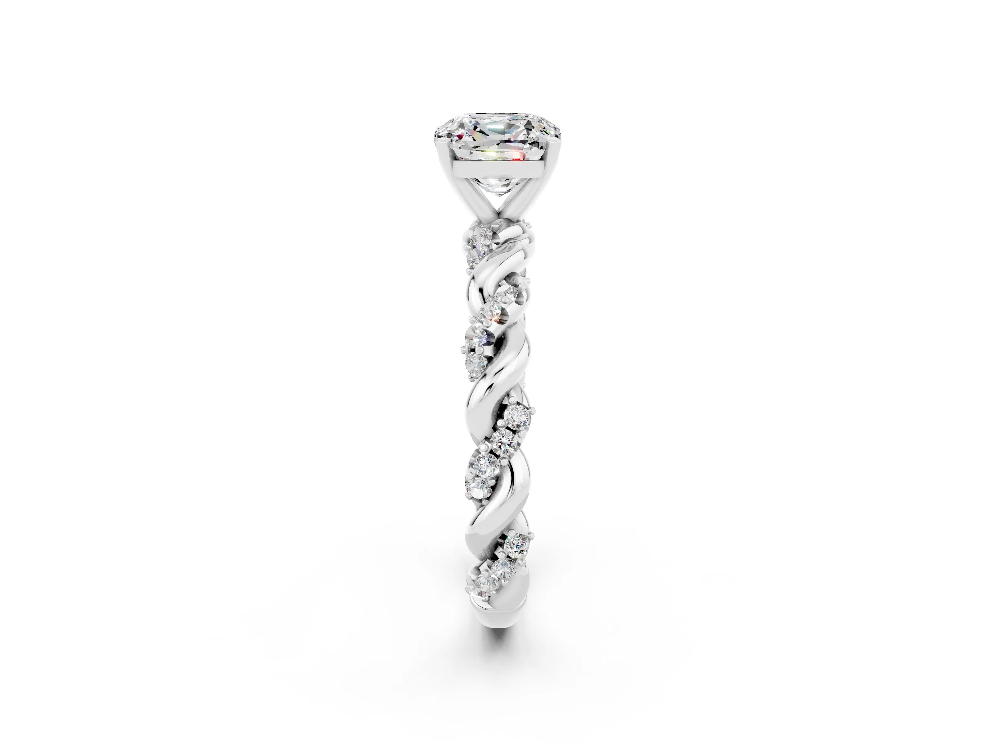 White gold Cushion Cut Moissanite Solitaire Ring with Twisted Band and Pavé Accents_2