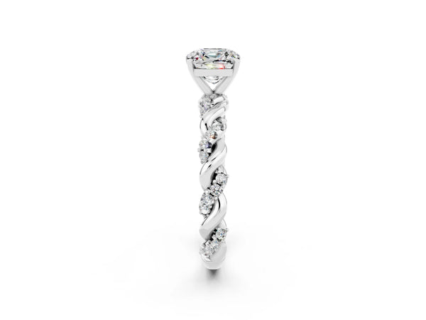 Platinum Cushion Cut Moissanite Solitaire Ring with Twisted Band and Pavé Accents
