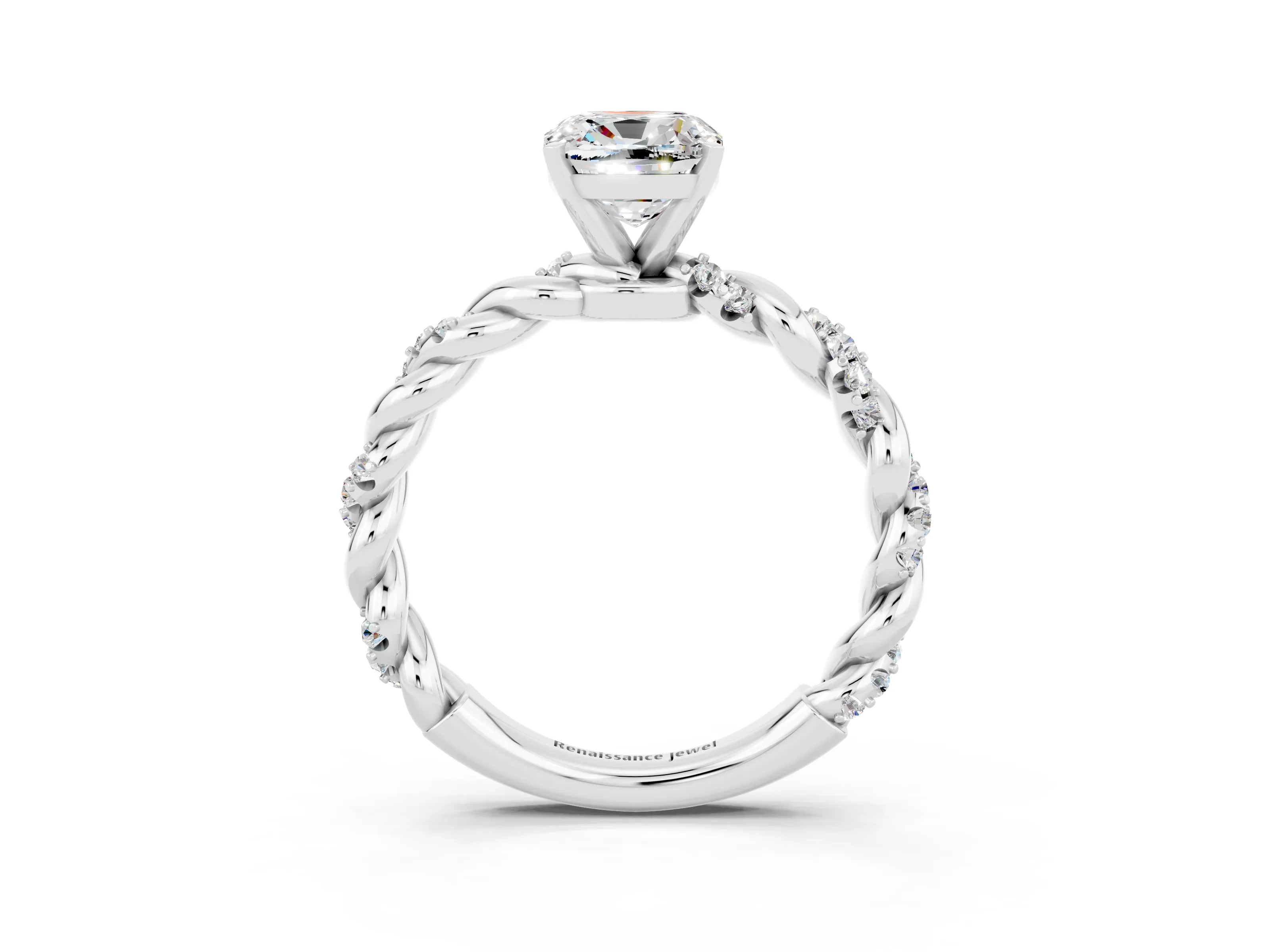 White gold Cushion Cut Moissanite Solitaire Ring with Twisted Band and Pavé Accents_3