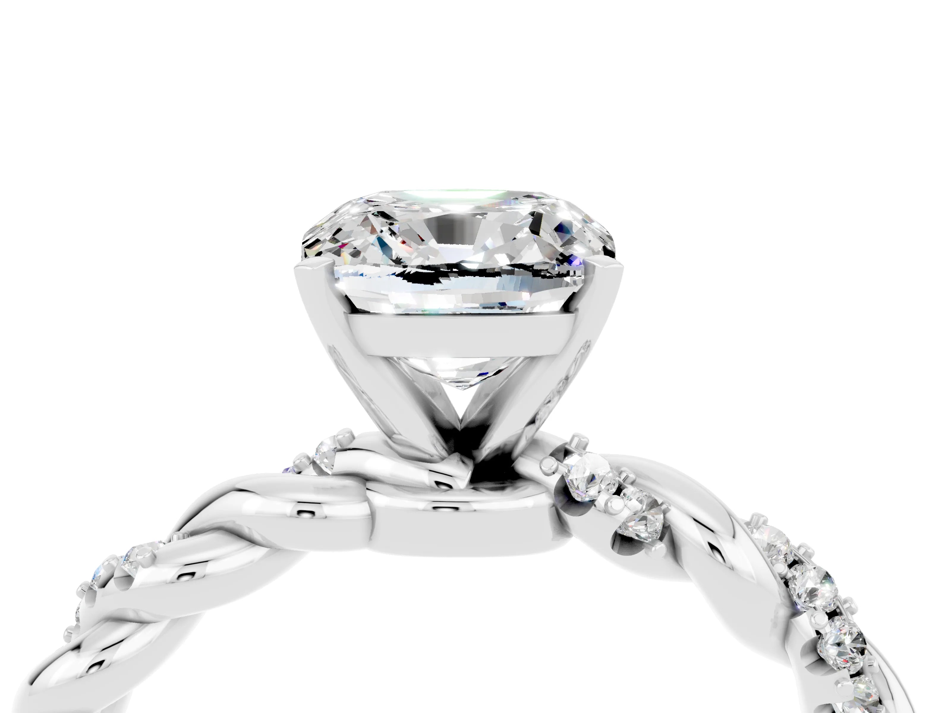 White gold Cushion Cut Moissanite Solitaire Ring with Twisted Band and Pavé Accents_4