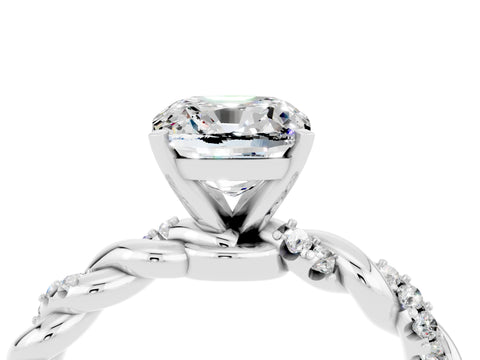 White gold Cushion Cut Moissanite Solitaire Ring with Twisted Band and Pavé Accents_4