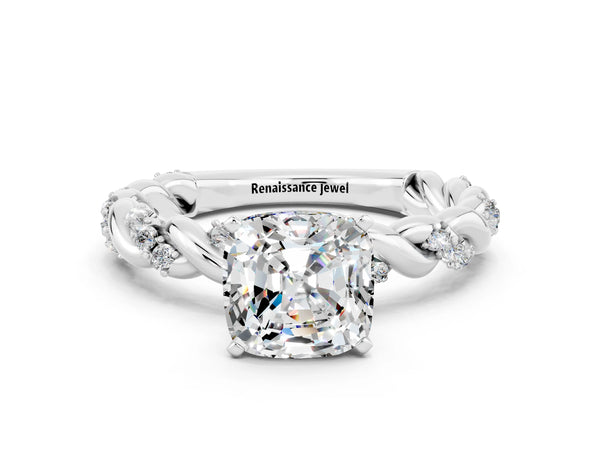 White gold Cushion Cut Moissanite Solitaire Ring with Twisted Band and Pavé Accents