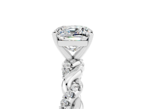 White gold Cushion Cut Moissanite Solitaire Ring with Twisted Band and Pavé Accents_5
