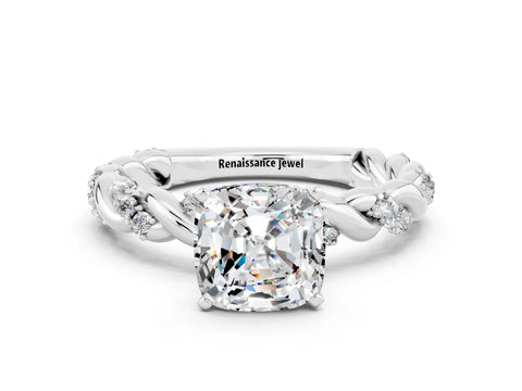 White gold Cushion Cut Moissanite Solitaire Ring with Twisted Band and Pavé Accents