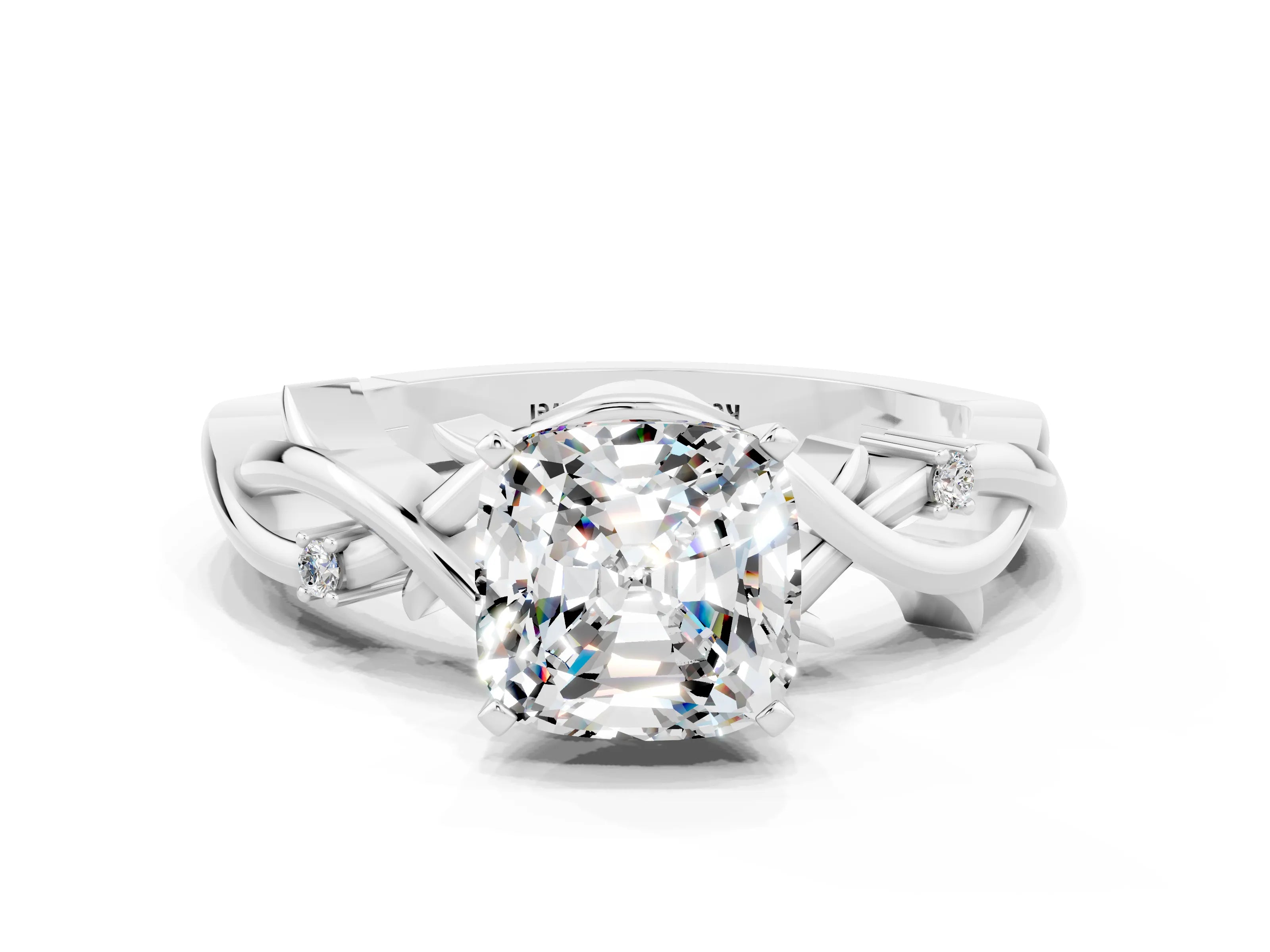 White gold Cushion Cut Moissanite Solitaire Ring with Twisted Band and Prong Setting
