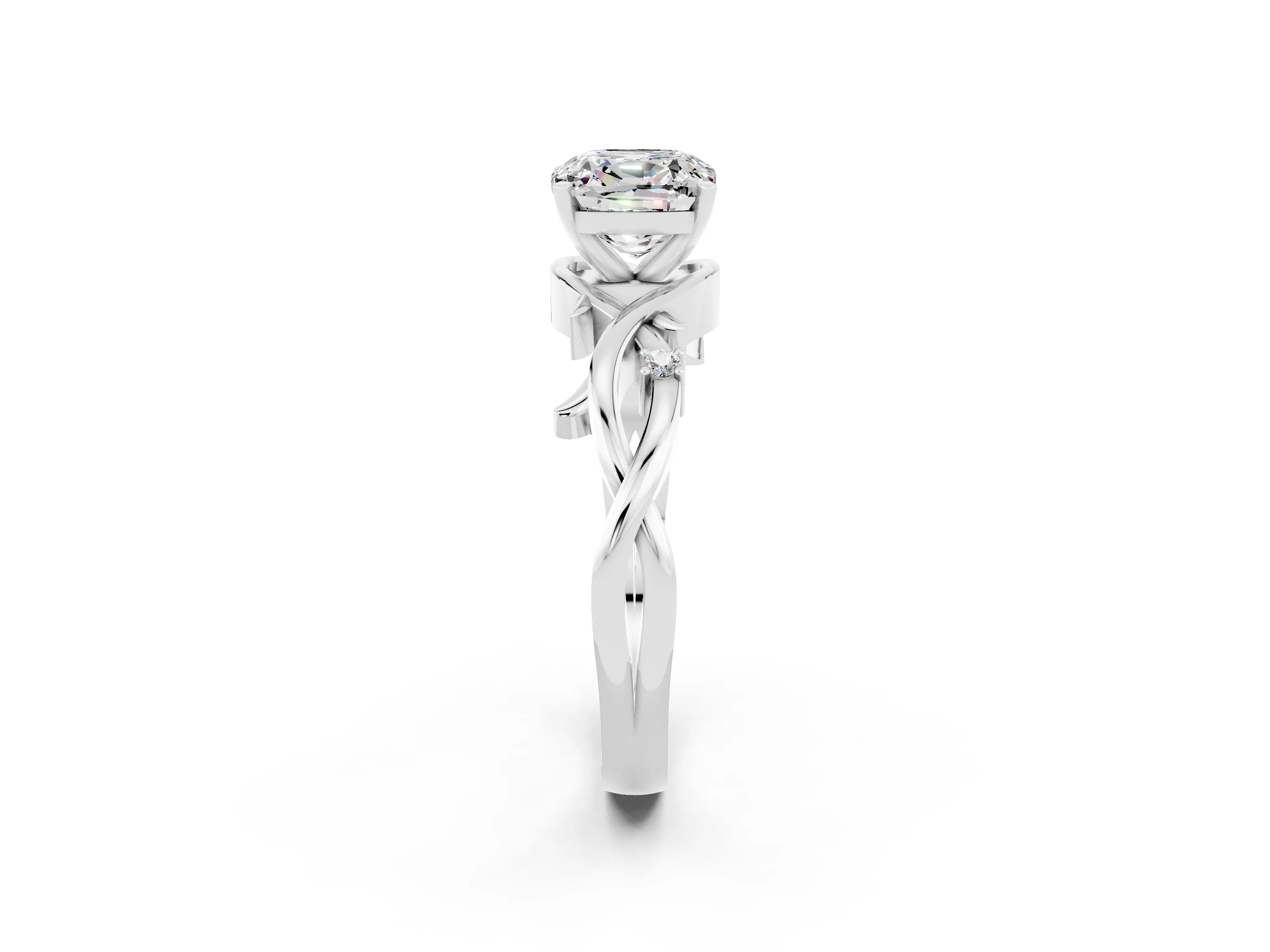White gold Cushion Cut Moissanite Solitaire Ring with Twisted Band and Prong Setting_14