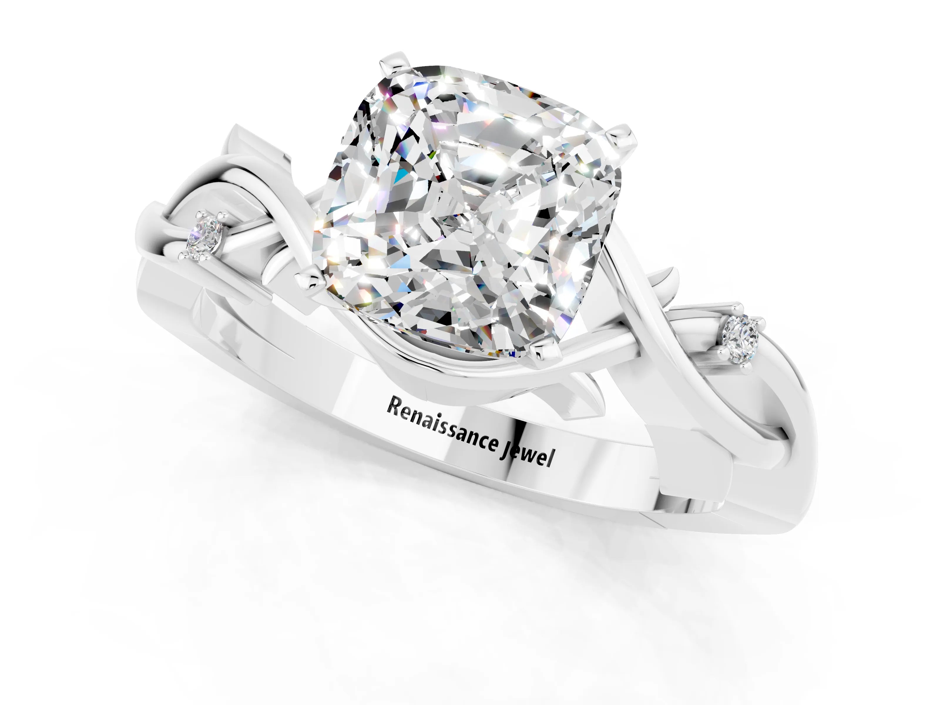 White gold Cushion Cut Moissanite Solitaire Ring with Twisted Band and Prong Setting_1