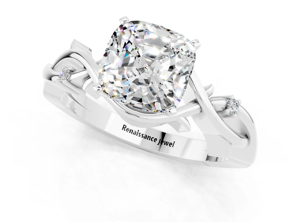 Silver Cushion Cut Moissanite Solitaire Ring with Twisted Band and Prong Setting